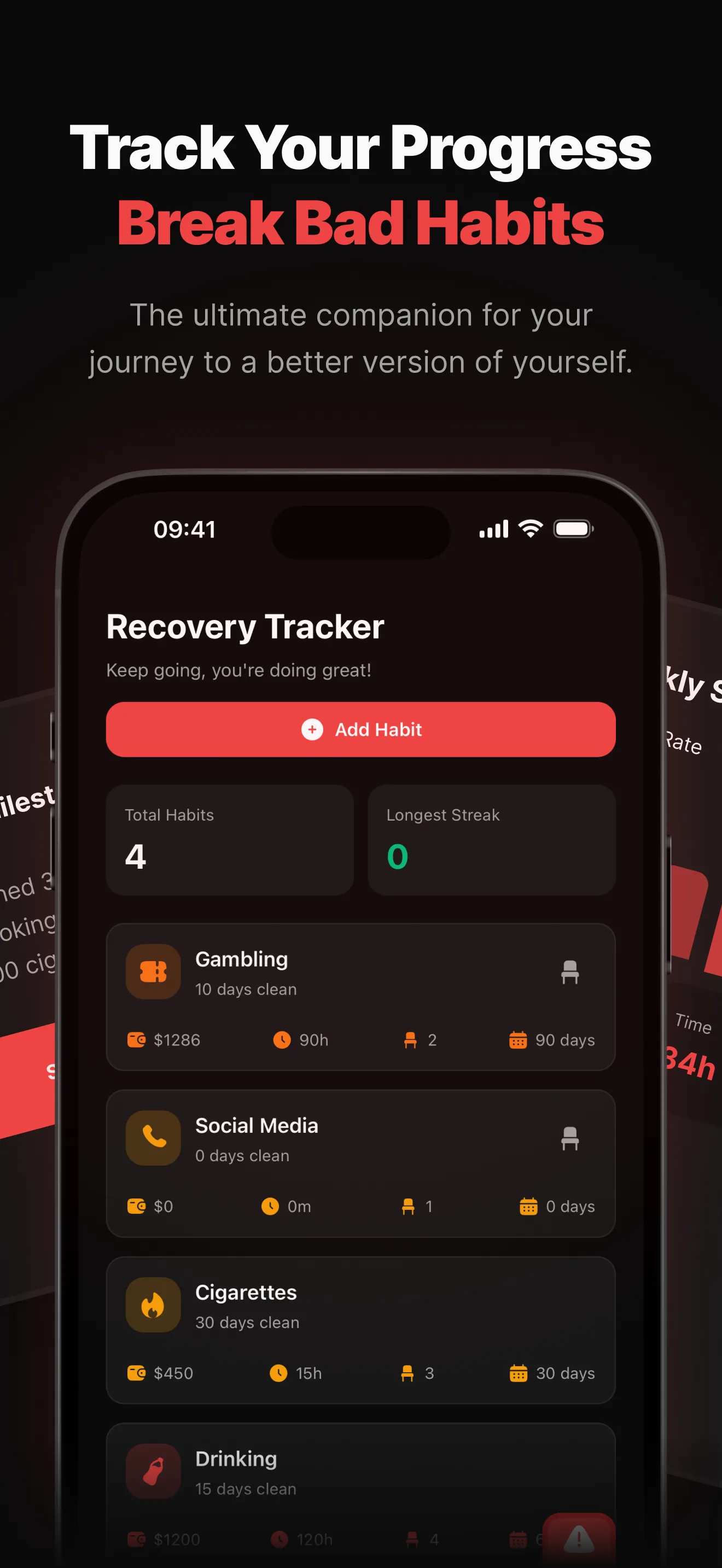 Soberly home dashboard showing a 47-day clean streak counter, money saved, and time reclaimed statistics