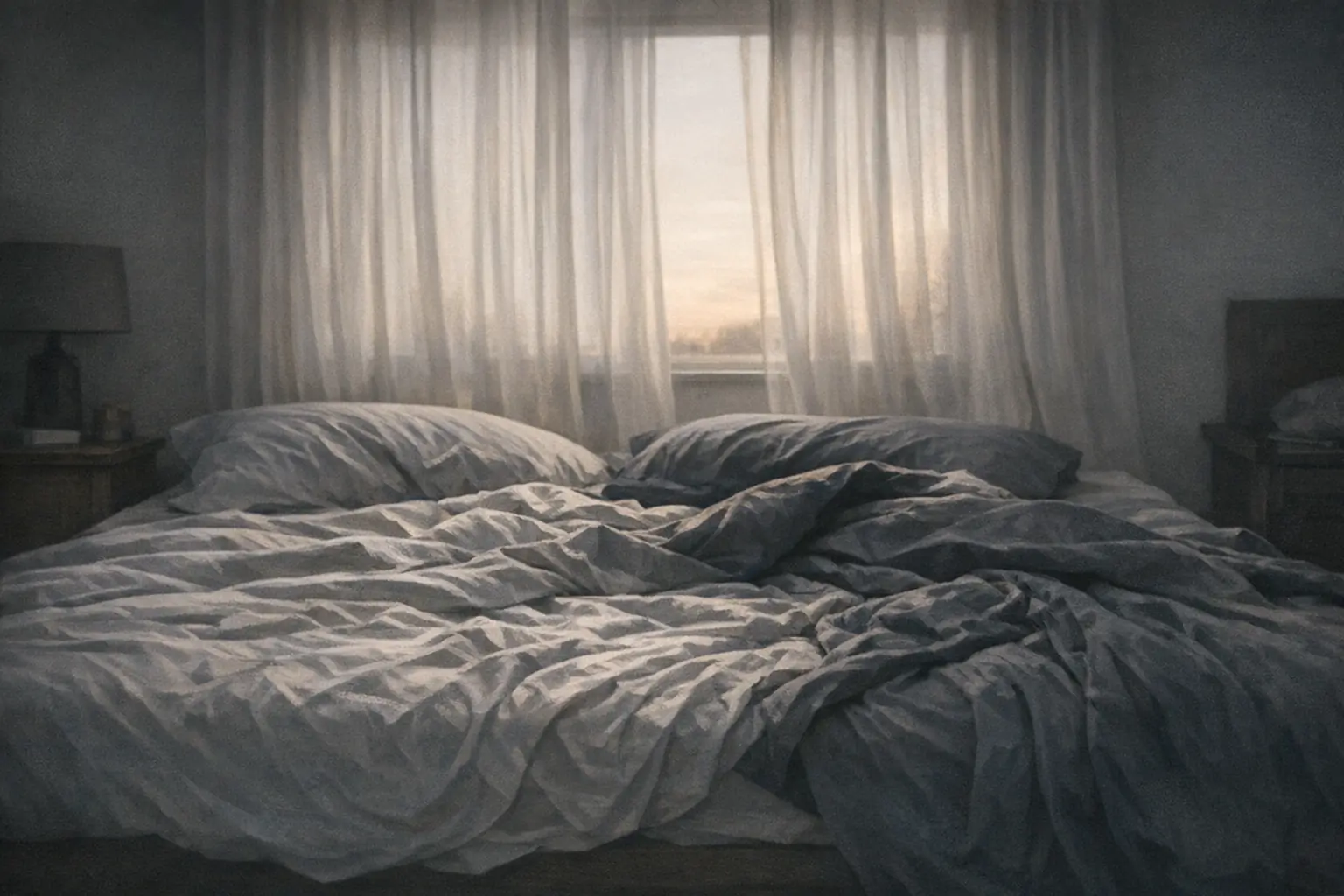 Soft light falling across an unmade bed in a dark room, evoking restful sleep and recovery