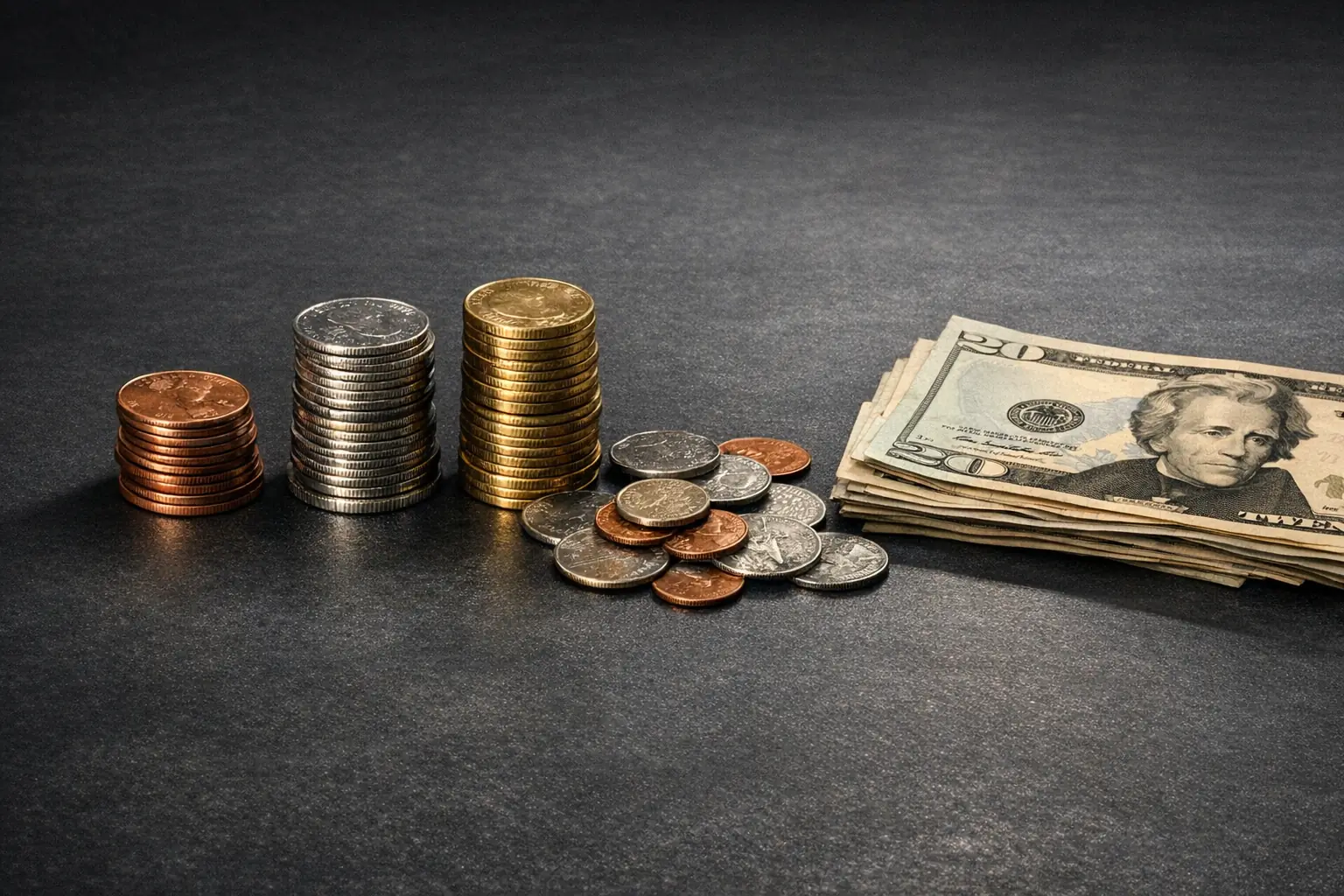 Coins and currency arranged on a dark surface, capturing the weight of small savings accumulating