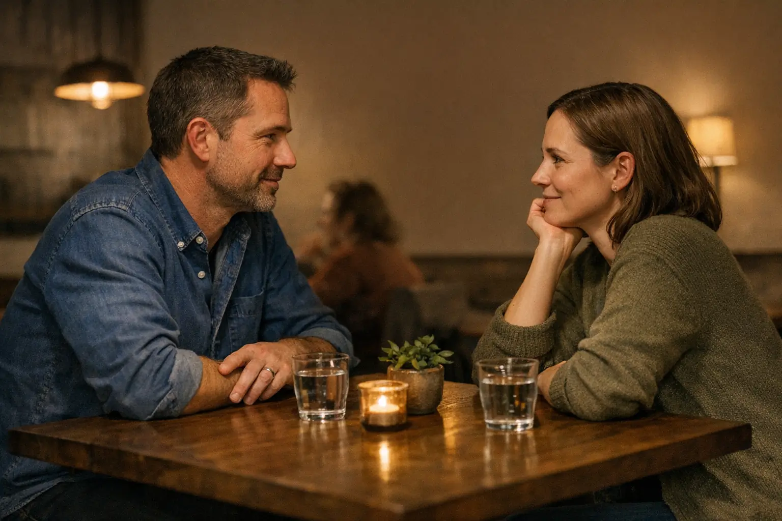 Two people in quiet conversation at a dimly lit table, captured in a candid editorial moment