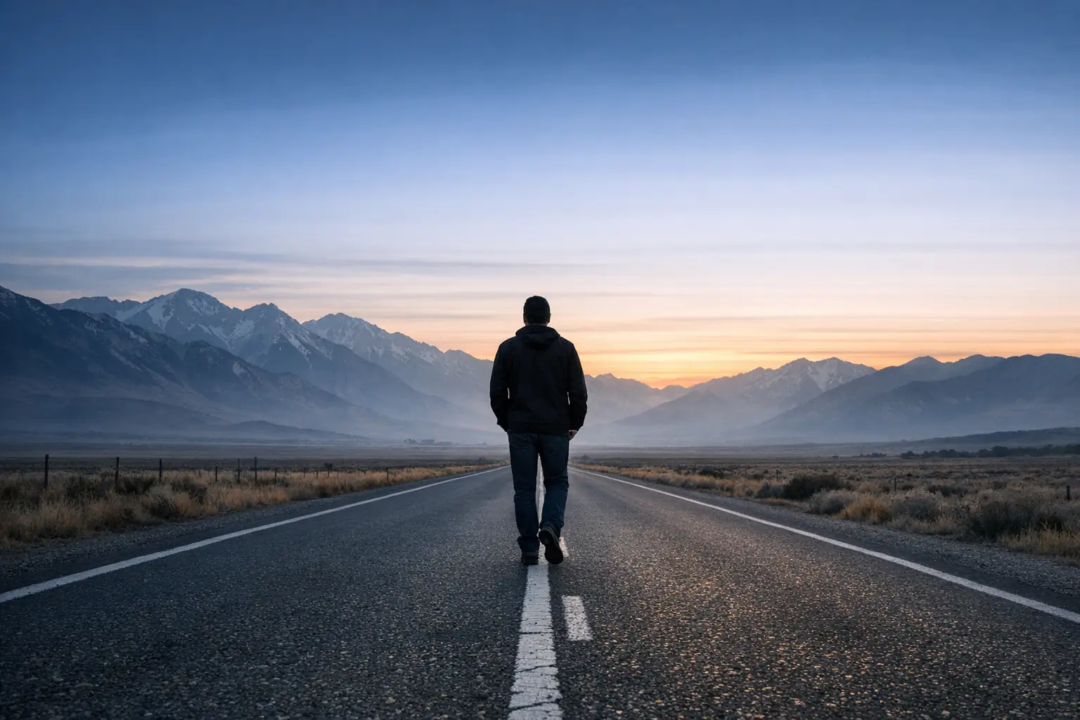 A solitary figure on a long empty road stretching toward distant mountains at dusk