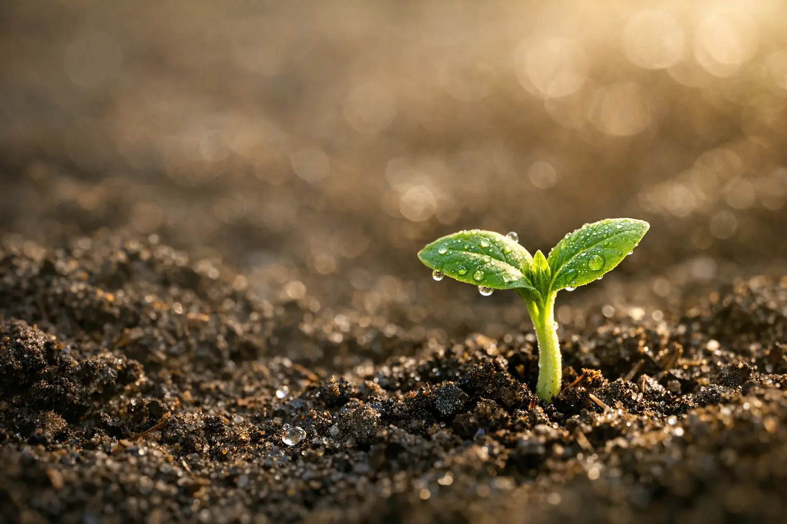 A small green plant emerging from dark soil, catching the first light of day