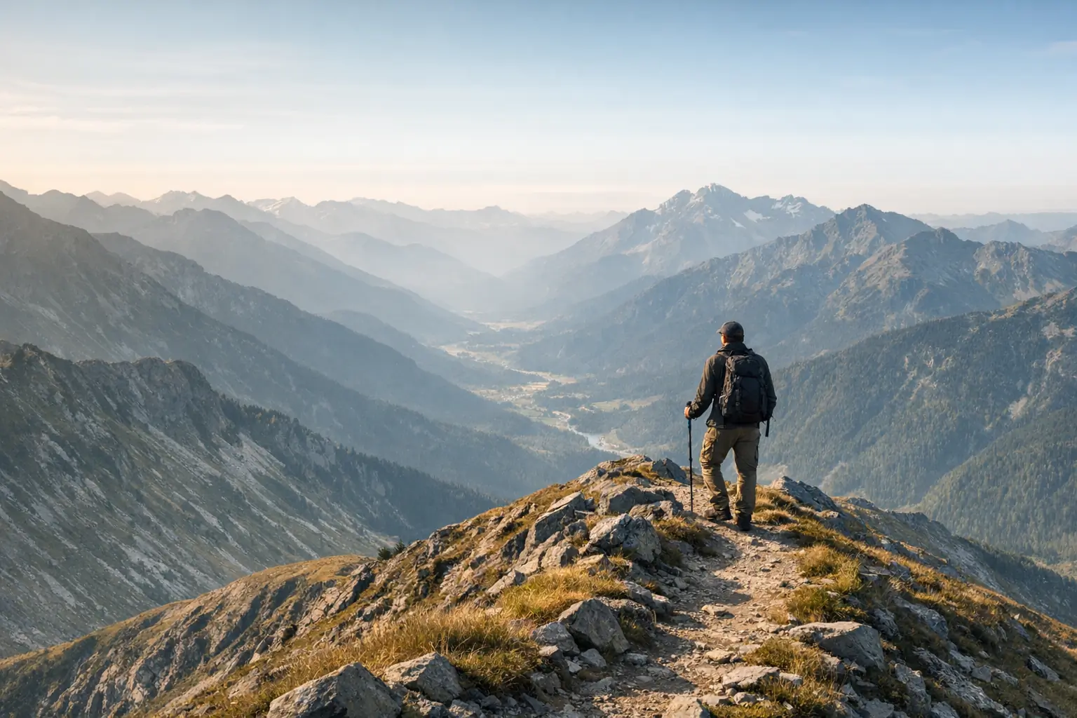 A hiker standing on a dramatic mountain ridge gazing out over a vast moody landscape