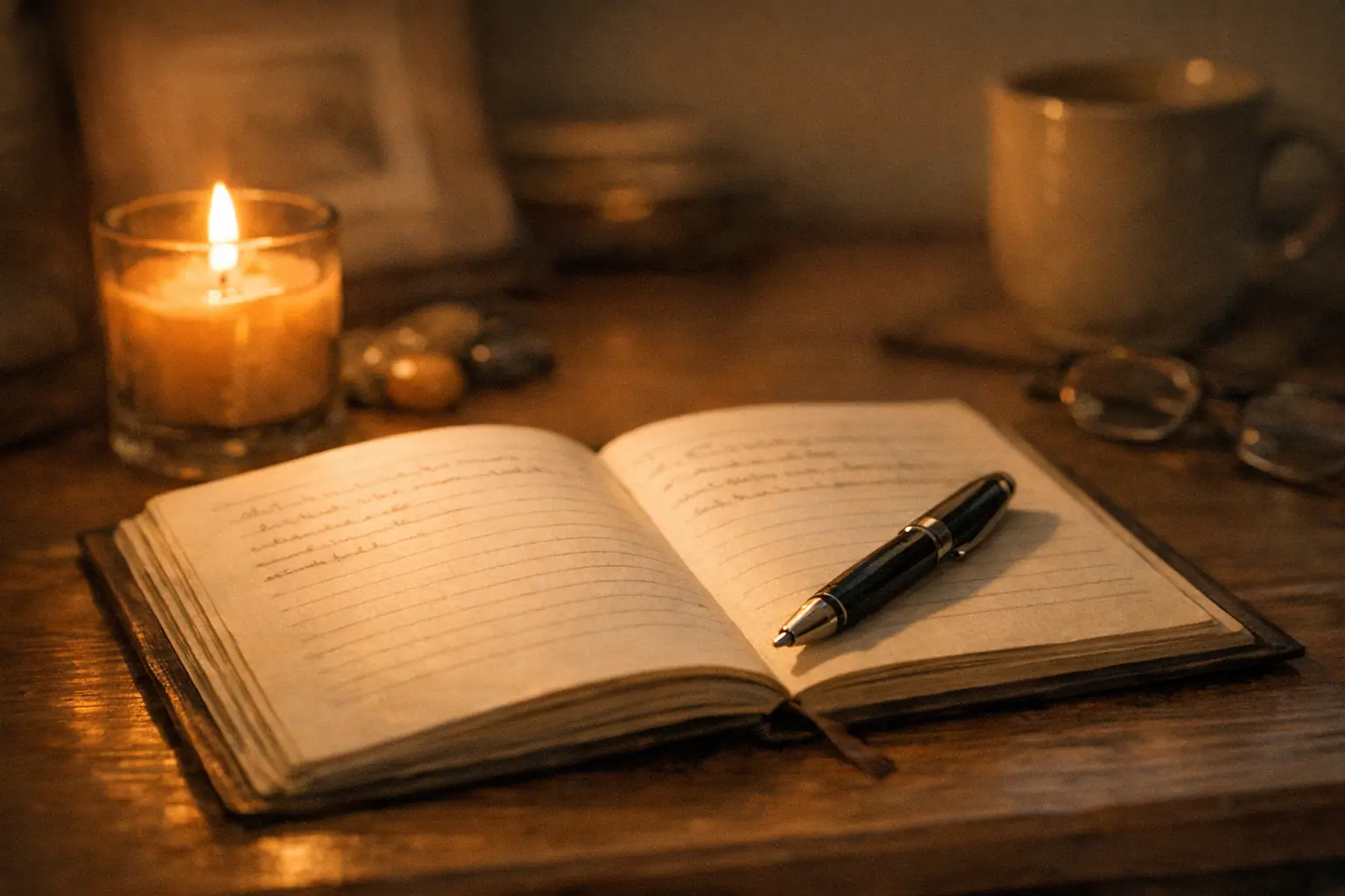 An open journal and pen beside a flickering candle in warm low light
