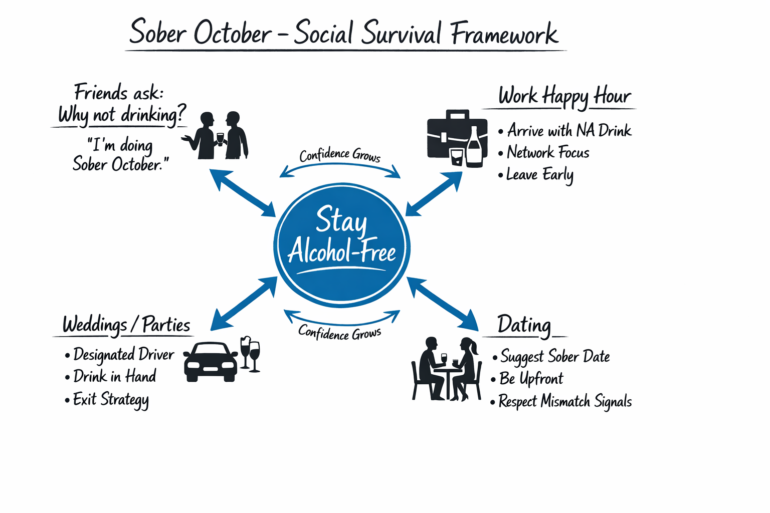 Social survival framework mapping common sober-October scenarios to practical response scripts